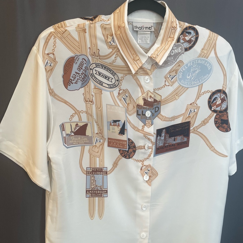Rare Vintage That’s Me! Silk Travel Patch Print Button-Down Shirt